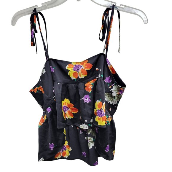 Savage X Fenty Satin Black Floral Tie-Shoulder V-Neck Babydoll Cami Tank Size L - Picture 2 of 5